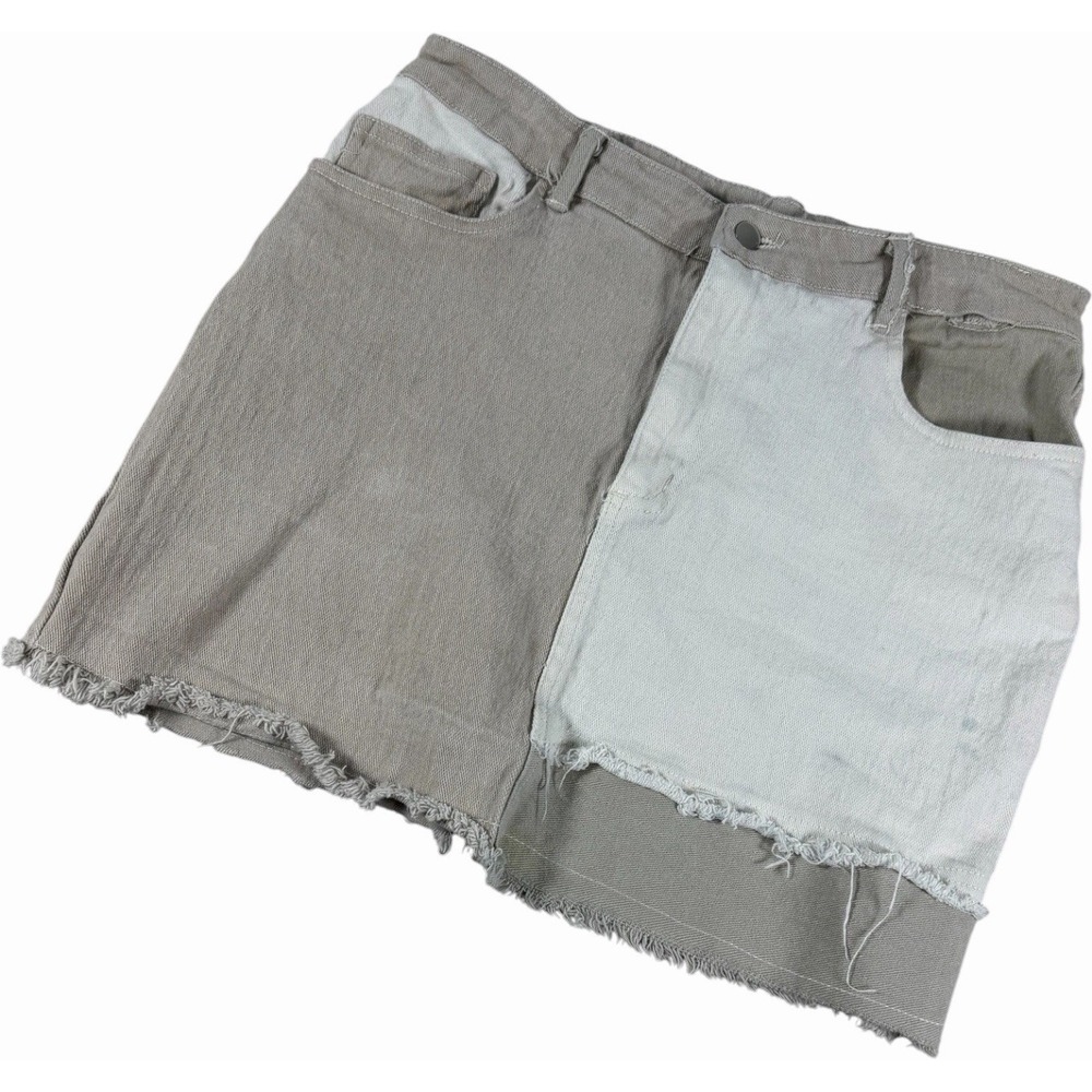 Rue21 Two-Tone Colorblock Denim Mini Skirt Raw Hem Tan Blue L